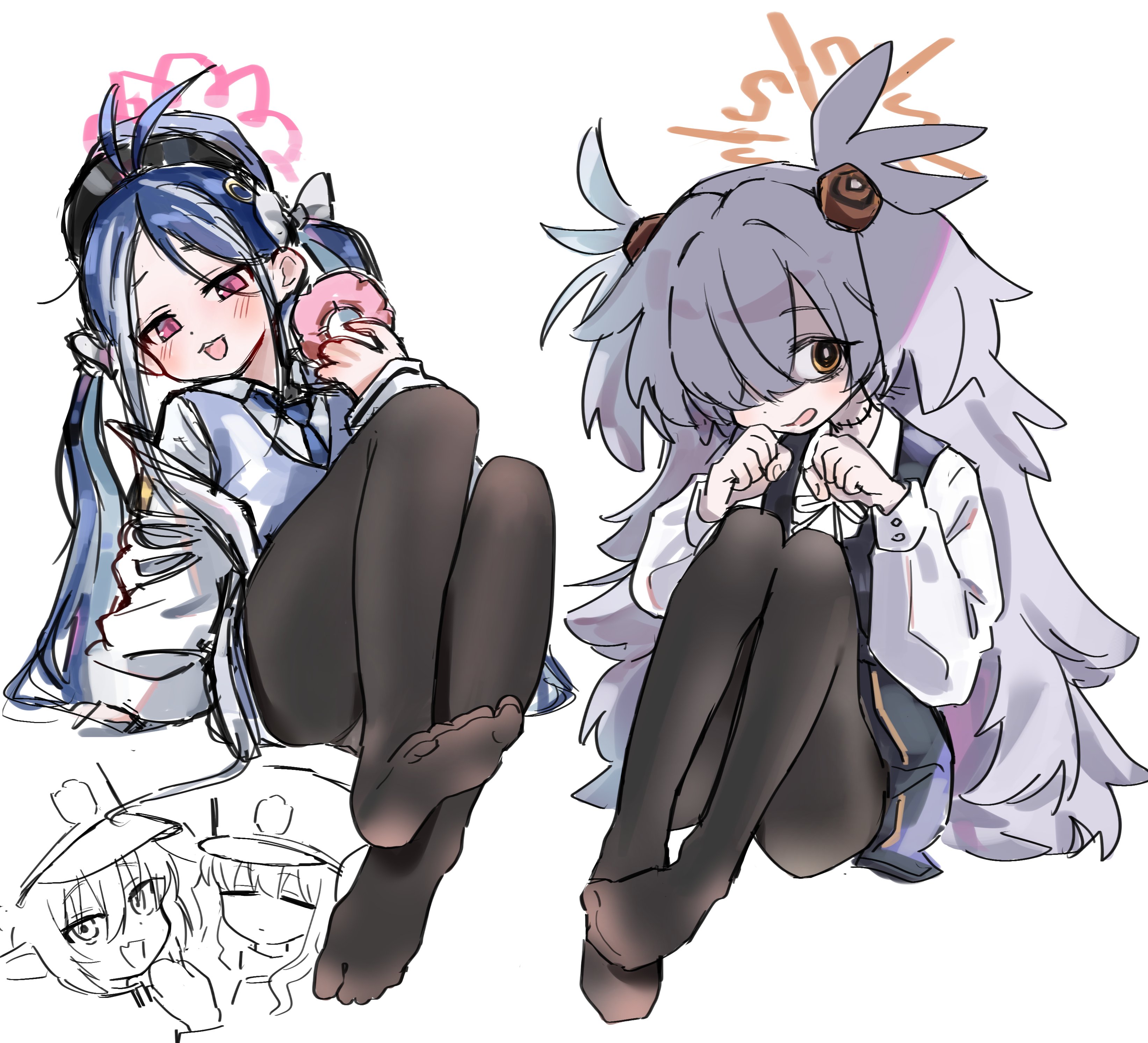 ymm (nxvd3735), fubuki (blue archive), hikari (blue archive), kanoe (blue archive), nozomi (blue archive), blue archive, absurdres, highres, antenna hair, black leggings, blue hair, blue necktie, blue vest, bow, donut, food, grey hair, hair bow, hair ornament, halo, jacket, leggings, long sleeves, multicolored hair, necktie, orange eyes, pink eyes, simple background, skirt, twintails, vest, white background, white bow