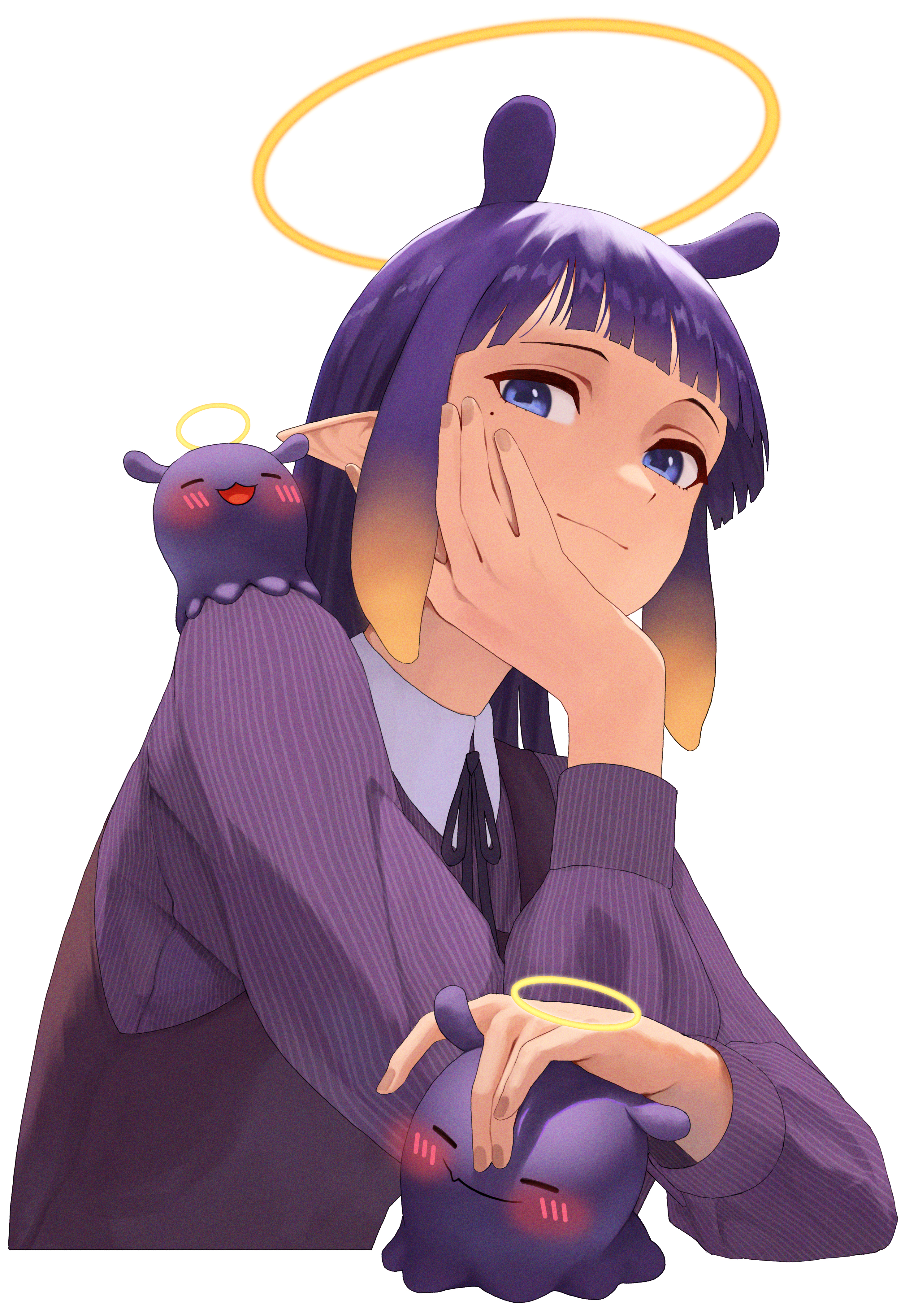 aqwariate, ninomae ina'nis, ninomae ina'nis (casual), takodachi (ninomae ina'nis), hololive, hololive english, absurdres, highres, 1girl, black dress, blue eyes, blunt bangs, blush, closed mouth, collared dress, dress, gradient hair, halo, hand on own cheek, hand on own face, mole, mole under eye, multicolored hair, orange hair, pointy ears, purple hair, purple shirt, shirt, simple background, striped clothes, striped shirt, tentacle hair, virtual youtuber, white background, yellow halo
