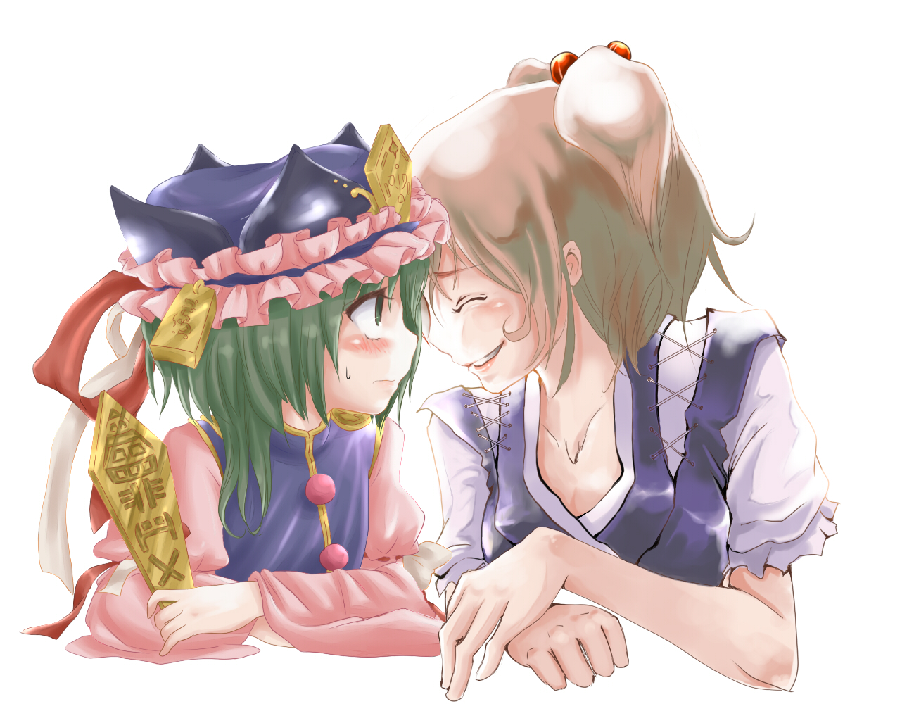 niji (nijioki), yae (mono110), onozuka komachi, shiki eiki, touhou, bad id, bad pixiv id, 2girls, female focus, multiple girls, rod of remorse, simple background, upper body, white background