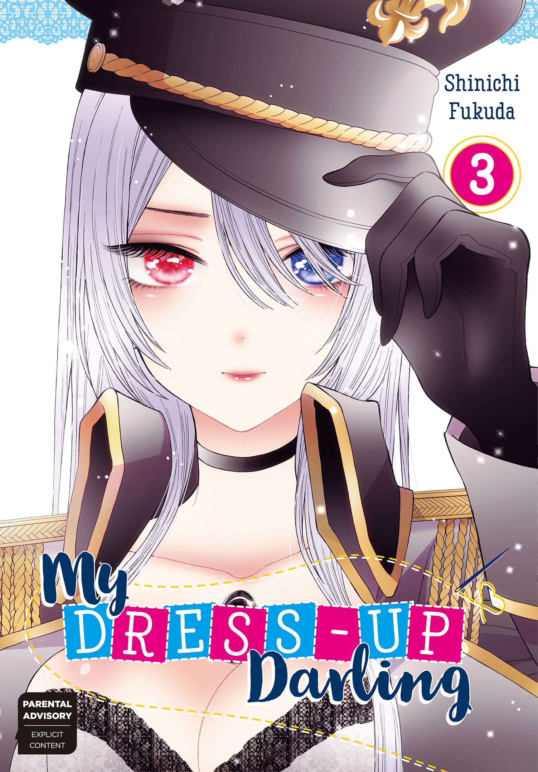 fukuda shinichi, black lobelia, kitagawa marin, sono bisque doll wa koi wo suru, absurdres, highres, official art, 1girl, artist name, black choker, black gloves, black jacket, black lobelia (cosplay), blue eyes, blush, breasts, choker, cleavage, closed mouth, collarbone, copyright name, cosplay, epaulettes, gem, gloves, grey hair, hand on headwear, hat, heterochromia, jacket, jewelry, long hair, long sleeves, military hat, open clothes, open jacket, peaked cap, red eyes, white background