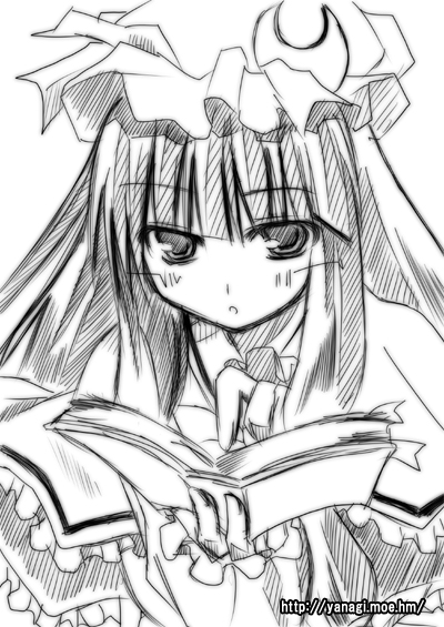 ryuuryuu, patchouli knowledge, touhou, 1girl, female focus, greyscale, monochrome, solo