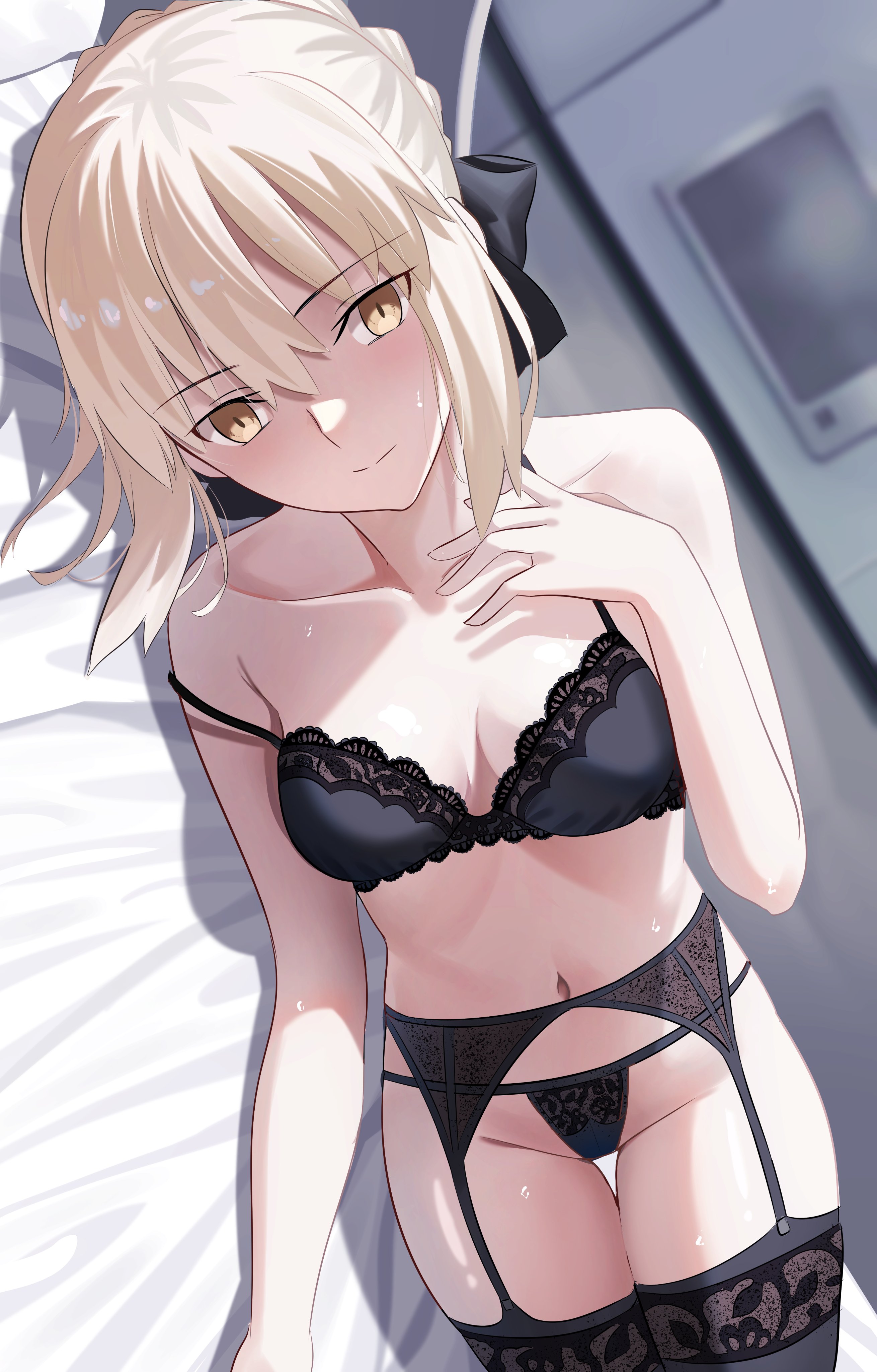 longdq3008, artoria pendragon (fate), saber alter, fate/grand order, fate (series), absurdres, highres, 1girl, bare shoulders, black bra, black panties, black ribbon, black thighhighs, blonde hair, blush, bra, braid, breasts, cleavage, garter belt, hair ribbon, long hair, looking at viewer, lying, medium breasts, navel, on side, panties, ribbon, sidelocks, solo, thighhighs, thighs, underwear, yellow eyes