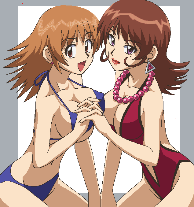 awa, akashi akie, akashi yoshimi, zettai karen children, 00s, 2girls, bikini, border, breasts, brown hair, cleavage, clothing cutout, collarbone, covered erect nipples, earrings, grey border, holding hands, jaggy lines, jewelry, large breasts, lipstick, makeup, mole, mole under eye, multiple girls, navel, necklace, oekaki, one-piece swimsuit, purple eyes, red lips, smile, stomach cutout, swimsuit, white background