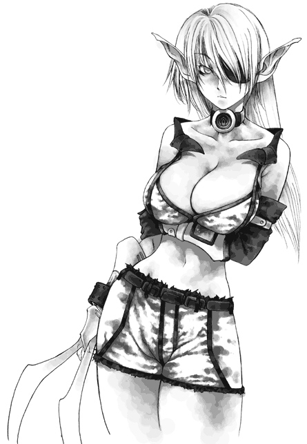 fuyube rion, hunewearl, phantasy star, phantasy star online, breast hold, 1girl, bikini, bikini top only, bracelet, breasts, claws, cleavage, elbow gloves, eyepatch, female focus, gloves, greyscale, jewelry, large breasts, long hair, looking at viewer, midriff, monochrome, navel, pointy ears, shorts, simple background, single glove, sleeveless, solo, swimsuit, white background
