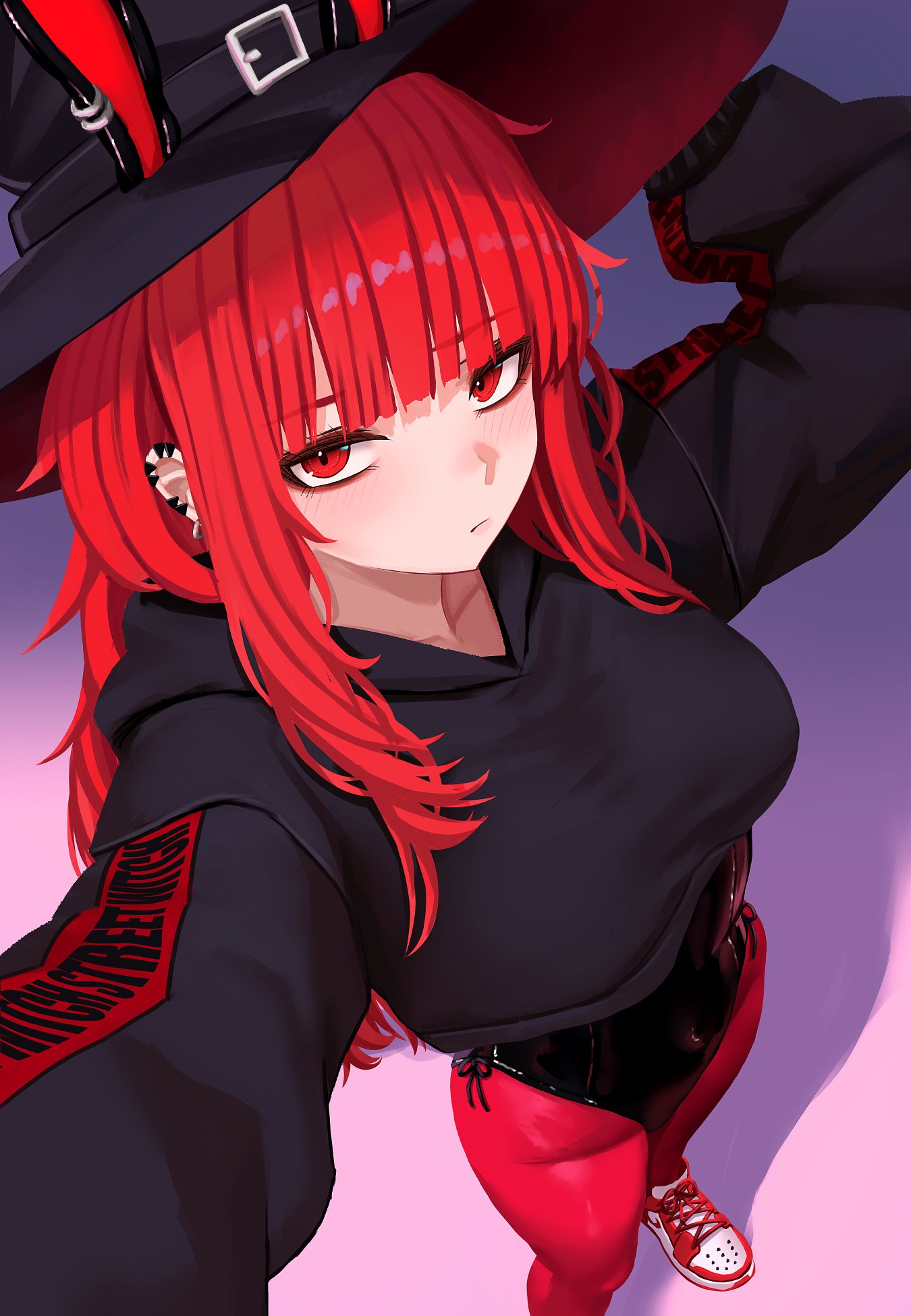 yan kodiac, val (yan kodiac), nike (company), original, highres, 1girl, animal ears, black hat, black leotard, blunt bangs, breasts, cropped hoodie, ear piercing, earrings, fake animal ears, from above, hat, hood, hoodie, jewelry, leotard, long hair, long sleeves, looking up, pantyhose, piercing, rabbit ears, red eyes, red hair, red pantyhose, selfie, shoes, sneakers, solo, standing, witch hat