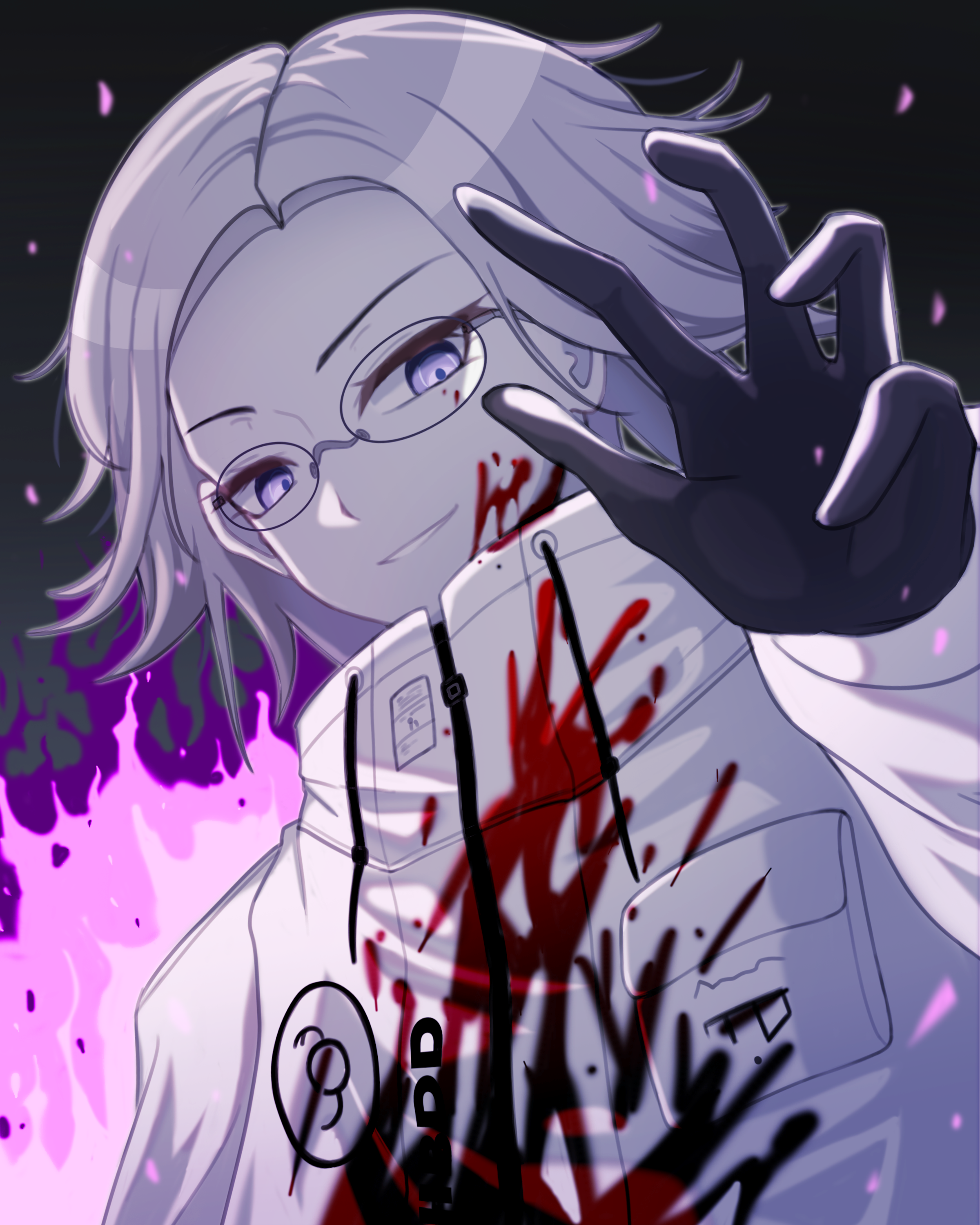 aotsuki eito, the hundred line -last defense academy-, absurdres, chinese commentary, commentary, highres, spoilers, 1boy, black gloves, blood, blood on clothes, blood on face, breast pocket, drawstring, evil smile, fire, glasses, gloves, grey hair, hand up, jacket, jixian1001, looking at viewer, male focus, outstretched hand, pocket, purple eyes, purple fire, short hair, smile, solo, upper body, white jacket