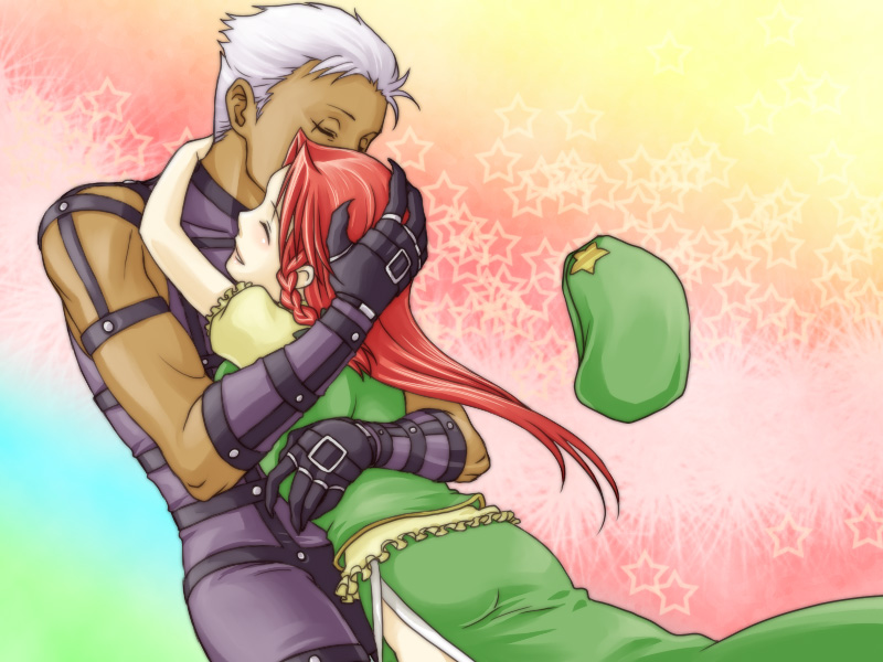 esaka, hong meiling, krizalid, m.u.g.e.n, touhou, 1boy, 1girl, braid, clothing cutout, couple, cowboy shot, crossover, dark skin, hand on another's head, hetero, hip vent, hug, smile, standing