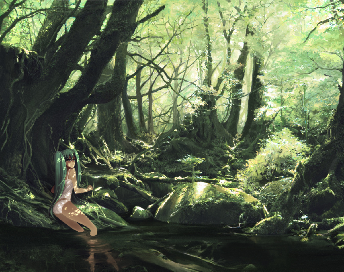 katase waka, hatsune miku, vocaloid, bad id, bad pixiv id, green eyes, green hair, long hair, nature, outdoors, scenery, solo, tree, twintails, water
