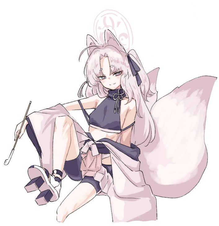 samesann, kuzunoha (blue archive), blue archive, 1girl, ahoge, animal ear fluff, animal ears, bare shoulders, bike shorts, breasts, fox ears, fox girl, fox tail, grey eyes, halo, holding, holding smoking pipe, japanese clothes, kiseru, long hair, multiple tails, parted bangs, small breasts, smile, smoking pipe, solo, tail, two side up, white hair
