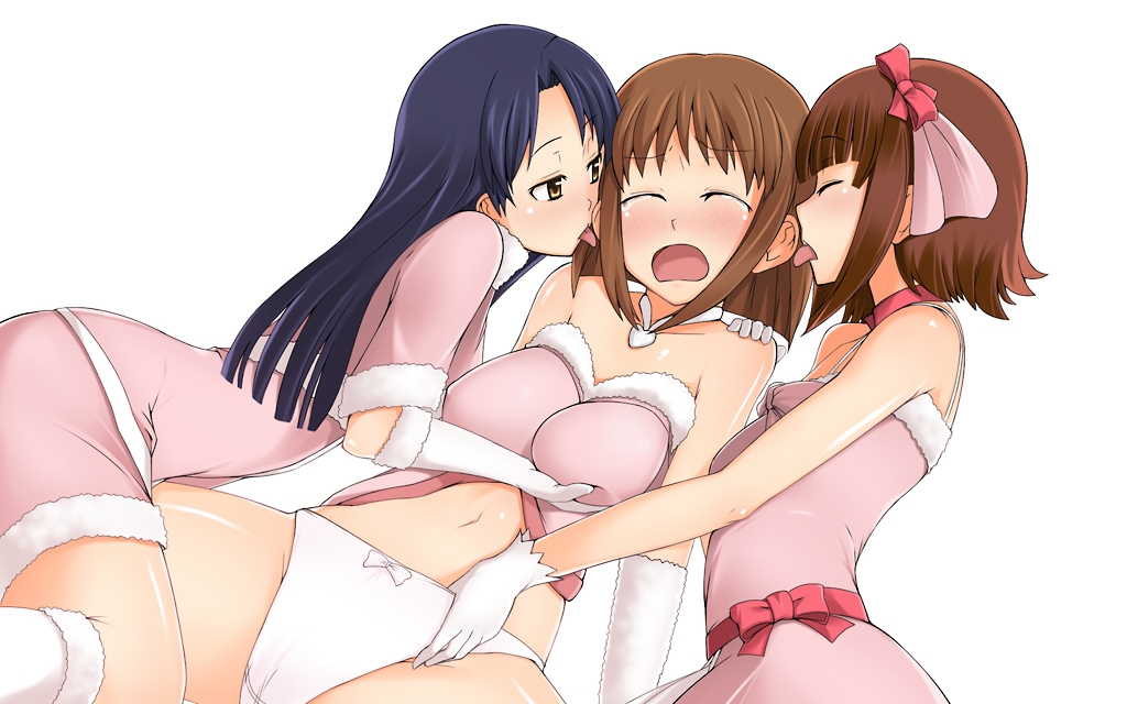 kazuto san, amami haruka, hagiwara yukiho, kisaragi chihaya, idolmaster, idolmaster (classic), idolmaster 1, bad id, bad pixiv id, 00s, 3girls, blush, breasts, closed eyes, cute & girly (idolmaster), girl sandwich, gloves, grabbing another's breast, groping, large breasts, licking, long hair, multiple girls, panties, ribbon, sandwiched, short hair, skirt, spread legs, tears, underwear, yuri