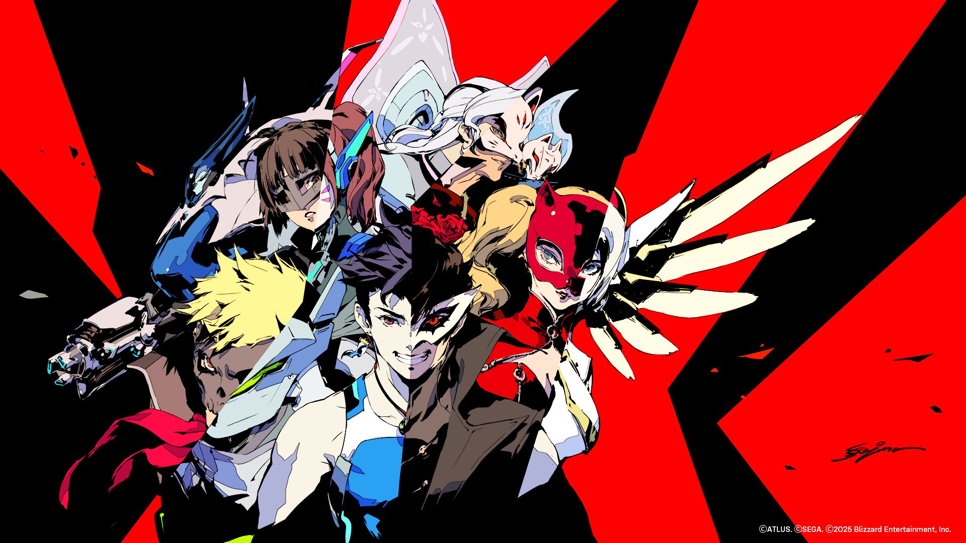 soejima shigenori, amamiya ren, d.va (overwatch), fox (persona 5), genji (overwatch), joanna (persona 5), joker (persona 5), kitagawa yuusuke, lifeweaver (overwatch), meka (overwatch), mercy (overwatch), niijima makoto, panther (persona 5), queen (persona 5), takamaki anne, persona, persona 5, highres, official art, 2girls, 3boys, black hair, blonde hair, grin, mask, multiple boys, multiple girls, simple background, smile, split theme