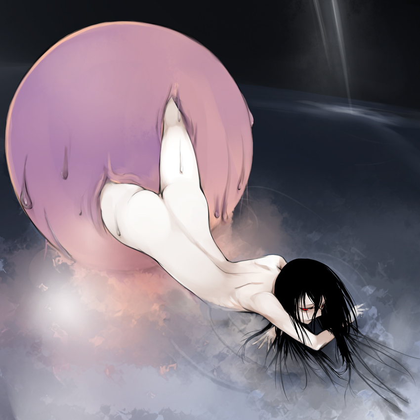 yama, original, 1girl, ass, black hair, female focus, long hair, nude, pale skin, red eyes, solo