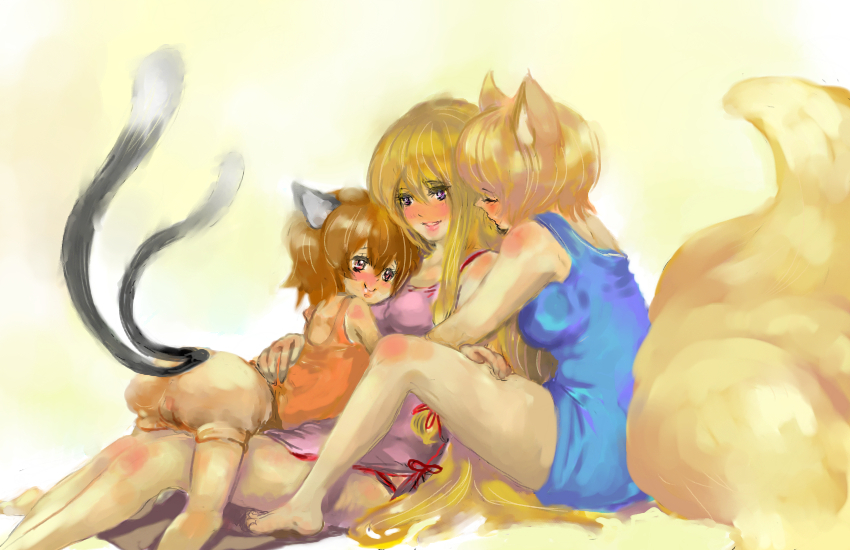 asae (apricot), chen, yakumo ran, yakumo yukari, touhou, bad id, bad pixiv id, 3girls, animal ears, barefoot, blonde hair, bloomers, breasts, brown hair, cat ears, cat girl, cat tail, female focus, fox ears, fox tail, gradient background, long hair, multiple girls, short hair, tail, underwear, white background, white bloomers