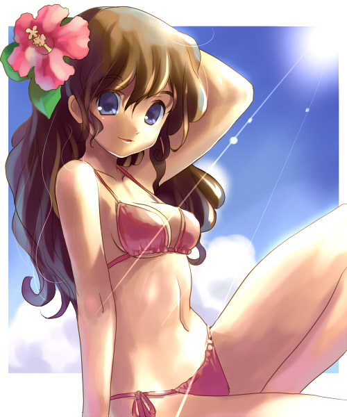 katahira masashi, original, bikini, blue eyes, brown hair, day, flower, hair flower, hair ornament, hibiscus, long hair, midriff, navel, side-tie bikini bottom, solo, swimsuit