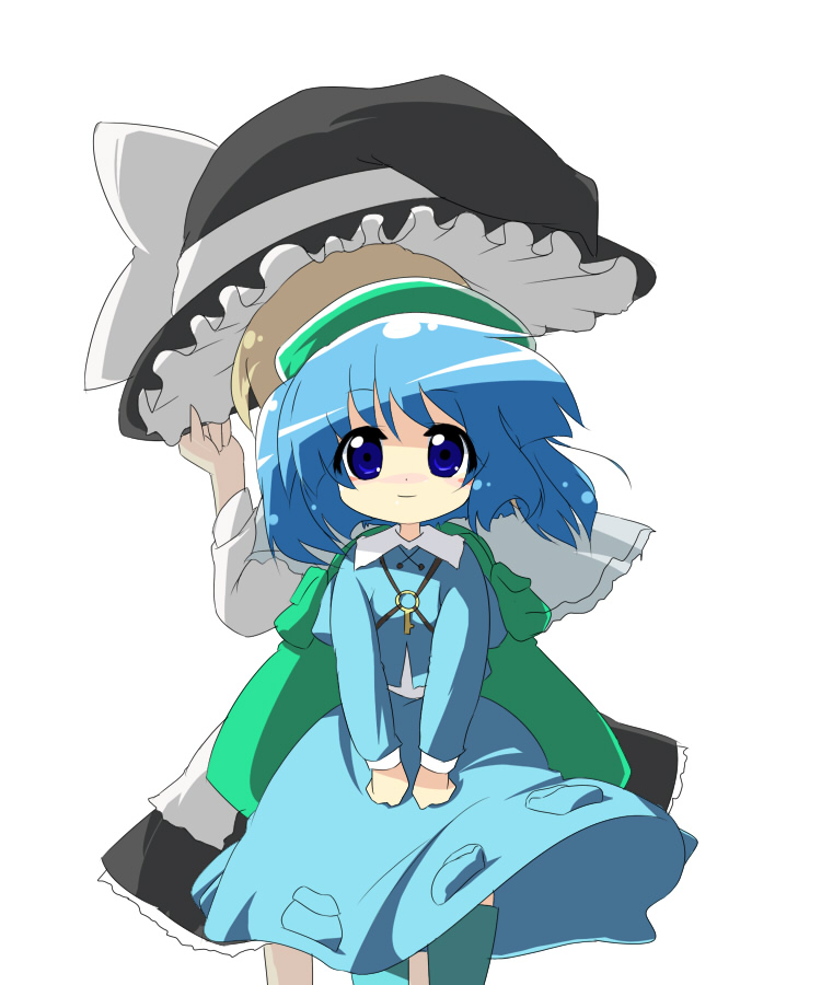 oka (bananashoe), kawashiro nitori, kirisame marisa, touhou, 2girls, back-to-back, bag, blonde hair, blue hair, boots, female focus, hat, height difference, holding, holding unworn clothes, holding unworn hat, multiple girls, ribbon, rubber boots, short hair, two side up, unworn hat, unworn headwear, wind