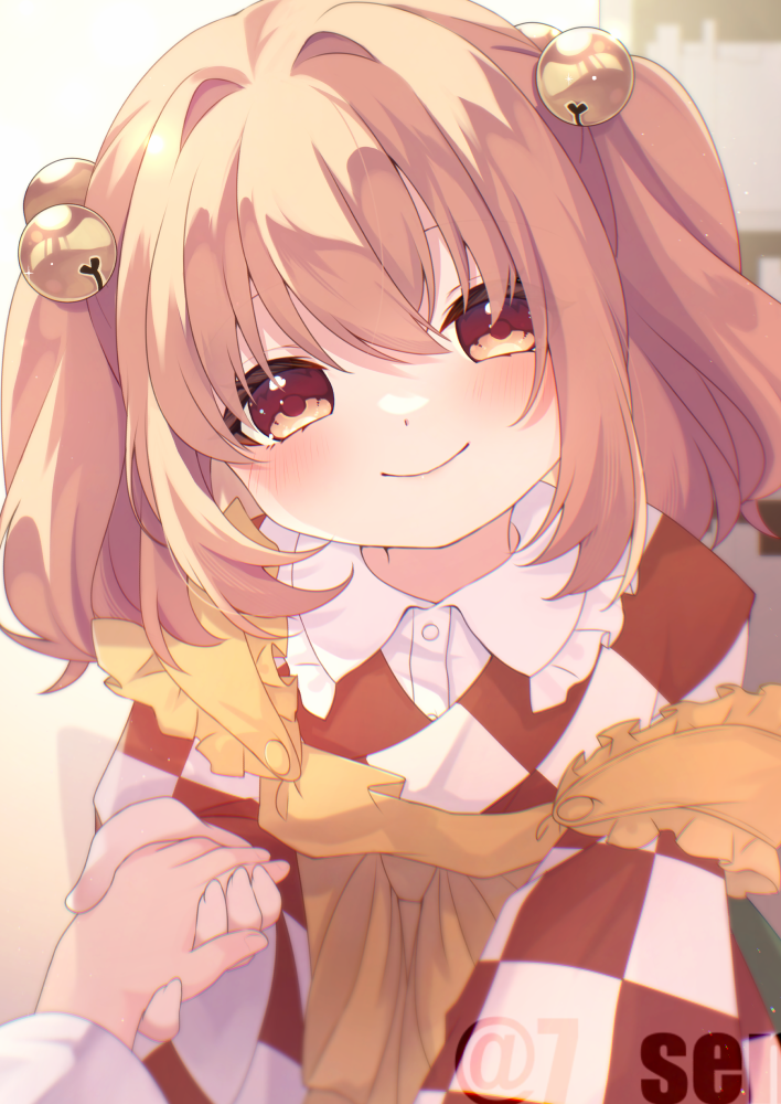 sen1986, motoori kosuzu, touhou, 1girl, 1other, apron, artist name, bell, brown eyes, brown hair, checkered clothes, checkered kimono, hair bell, hair ornament, holding hands, japanese clothes, jingle bell, kimono, long hair, looking at viewer, pov, smile, strap slip, two side up, watermark, yellow apron