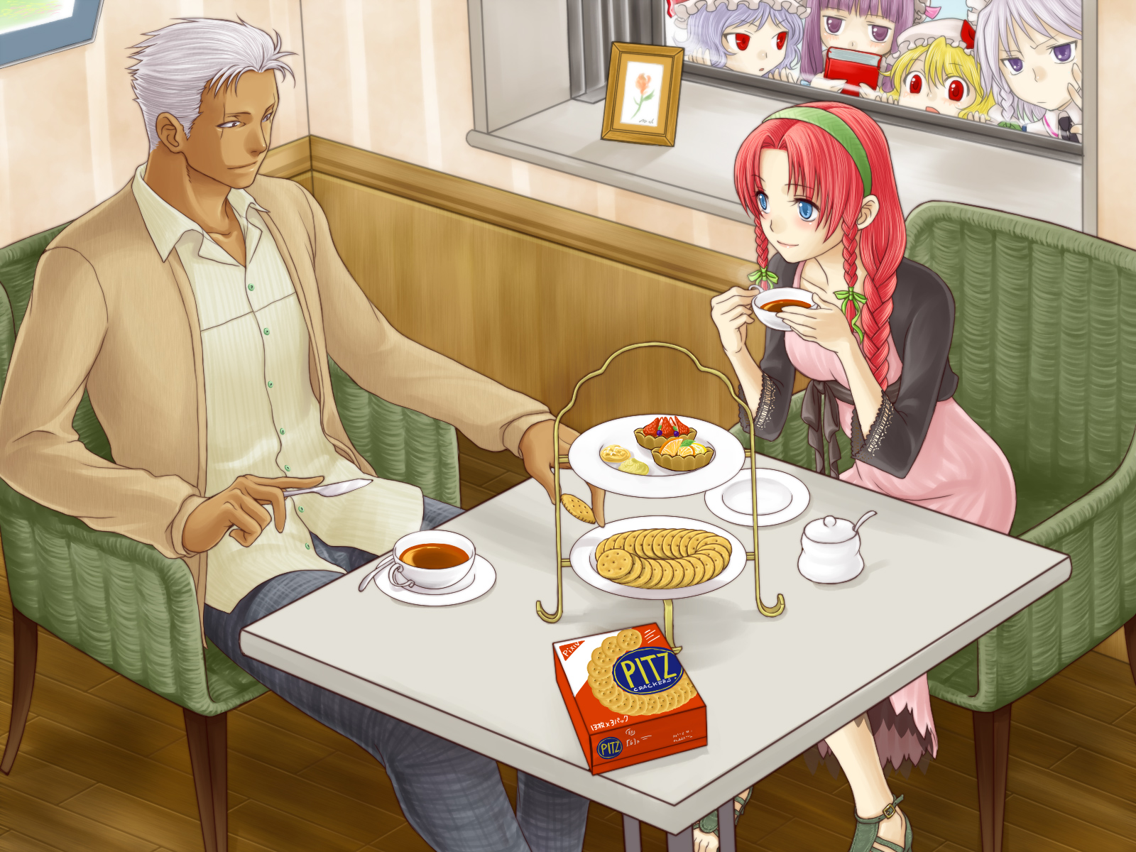 esaka, flandre scarlet, hong meiling, izayoi sakuya, krizalid, patchouli knowledge, remilia scarlet, m.u.g.e.n, snk, the king of fighters, touhou, bad id, highres, 1boy, 1girl, 5girls, blue eyes, brand name imitation, casual, contemporary, couple, crossover, dark skin, dating, hetero, long hair, multiple girls, peeking, red eyes, red hair, ribbon, sandals, short hair, stalking, white hair