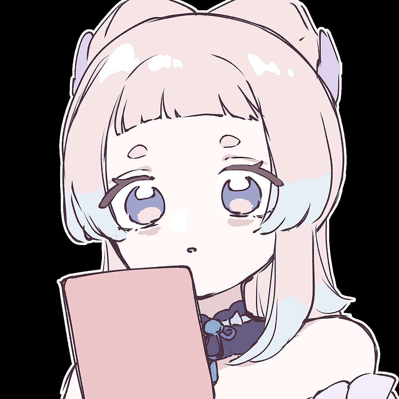 mikurumikurumi, sangonomiya kokomi, genshin impact, mihoyo, highres, blunt bangs, bow-shaped hair, choker, colored tips, frilled sleeves, frills, gradient hair, lace-trimmed choker, lace trim, looking at phone, multicolored hair, phone, pink hair, purple eyes