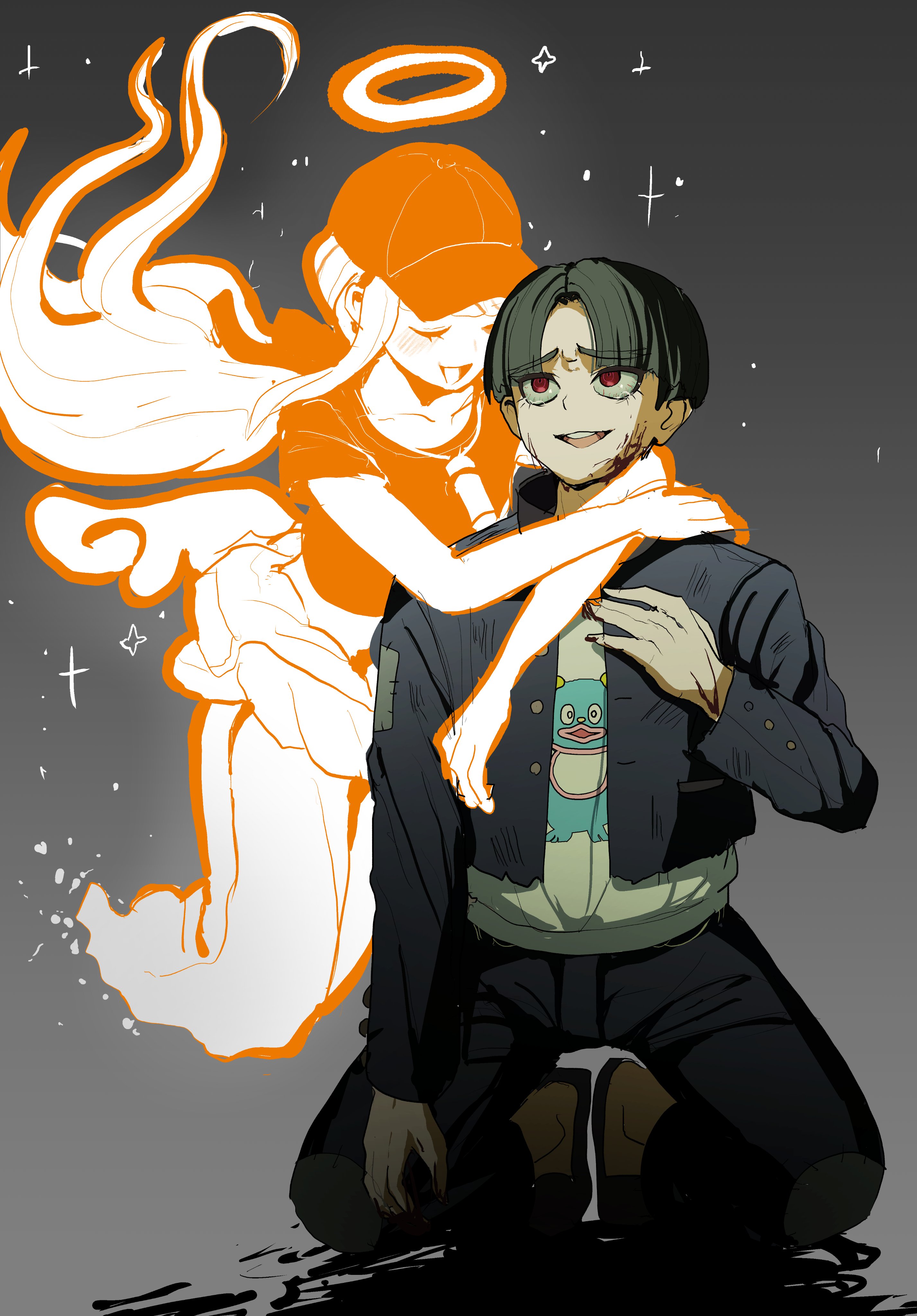 pakimoti, kawana tsubasa, maruko gaku, the hundred line -last defense academy-, absurdres, commentary, highres, symbol-only commentary, 1boy, 1girl, black hair, blood, blood on face, blood on hands, bloodshot eyes, blue jacket, closed eyes, ghost, glowing, grey background, halo, hat, hug, jacket, jewelry, kneeling, long hair, necklace, ponytail, print shirt, red eyes, shirt, short hair, smile, tank top, teeth, upper teeth only, white shirt