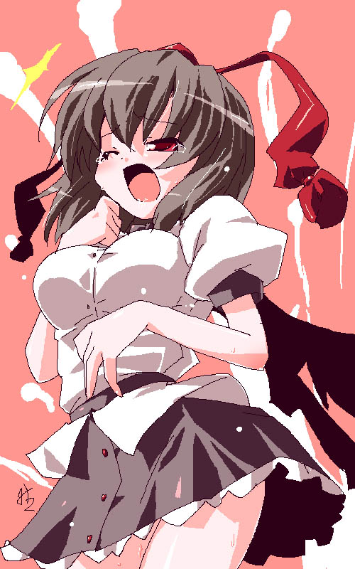 shameimaru aya, touhou, 1girl, black skirt, blush, female focus, half-closed eyes, hat, looking at viewer, open mouth, pleated skirt, puffy short sleeves, puffy sleeves, shirt, short sleeves, skirt, solo, standing, surprised, tassel, tokin hat, white shirt