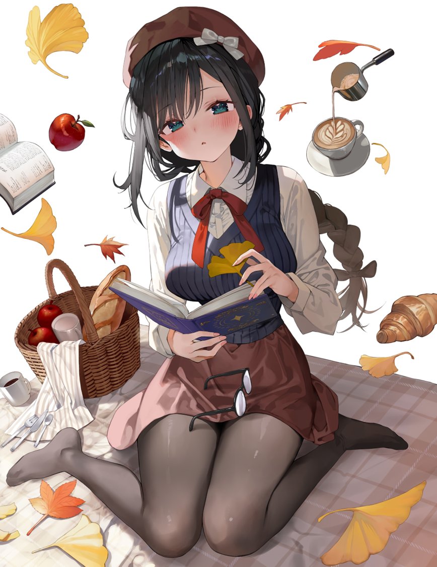 gaou (umaiyo puyoman), alina clover, guild no uketsukejou desu ga zangyou wa iya nanode boss wo solo toubatsu shiyou to omoimasu, official art, second-party source, 1girl, apple, baguette, beret, black hair, bloom, blue vest, blush, book, braid, braided ponytail, bread, breasts, brown hat, brown skirt, coffee mug, croissant, cup, cutlery, eyebrows hidden by hair, floating, floating object, food, fork, fruit, full body, green eyes, hat, holding, holding book, knife, large breasts, latte art, leaf, long hair, looking at viewer, mug, open mouth, picnic basket, picnic blanket, shadow, shirt, simple background, sitting, skirt, solo, spoon, unworn eyewear, vest, wariza, white background, white shirt