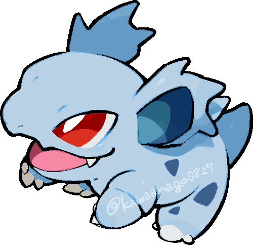 kawaanago, nidorina, nintendo, pokemon, commentary request, lowres, animal focus, bright pupils, chibi, chibi only, fang, full body, gen 1 pokemon, no humans, nostrils, open mouth, pokemon (creature), pokemon focus, red eyes, smile, solo, transparent background, twitter username, white pupils