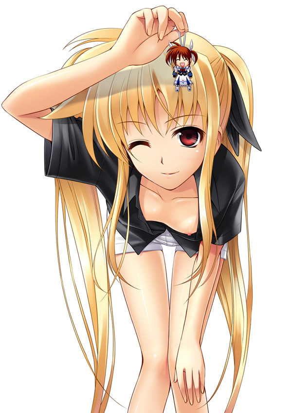 40010prototype, fate testarossa, takamachi nanoha, lyrical nanoha, mahou shoujo lyrical nanoha, 00s, 1girl, bent over, blonde hair, breasts, downblouse, female focus, long hair, nipple slip, nipples, no bra, one eye closed, red eyes, small breasts, solo, thigh gap, twintails, very long hair, wink