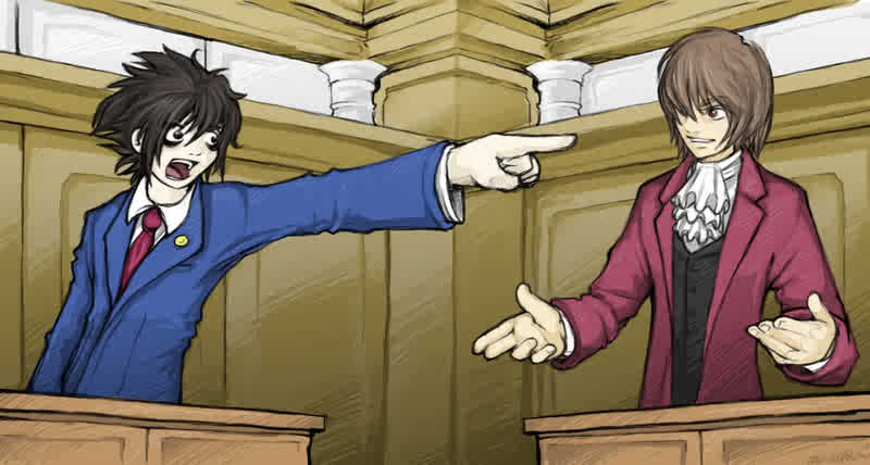 l (death note), miles edgeworth, phoenix wright, yagami light, ace attorney, capcom, death note, 2boys, cosplay, multiple boys, objection, parody, pointing
