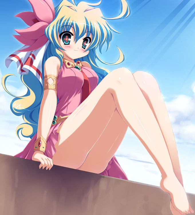 nia teppelin, tengen toppa gurren lagann, + +, 00s, 1girl, armlet, barefoot, blush, bottomless, bracelet, cross-shaped pupils, dress, feet, female focus, flower, hair flower, hair ornament, jewelry, legs, long hair, multicolored hair, no panties, pink dress, pink skirt, sitting, skirt, sleeveless, solo, symbol-shaped pupils