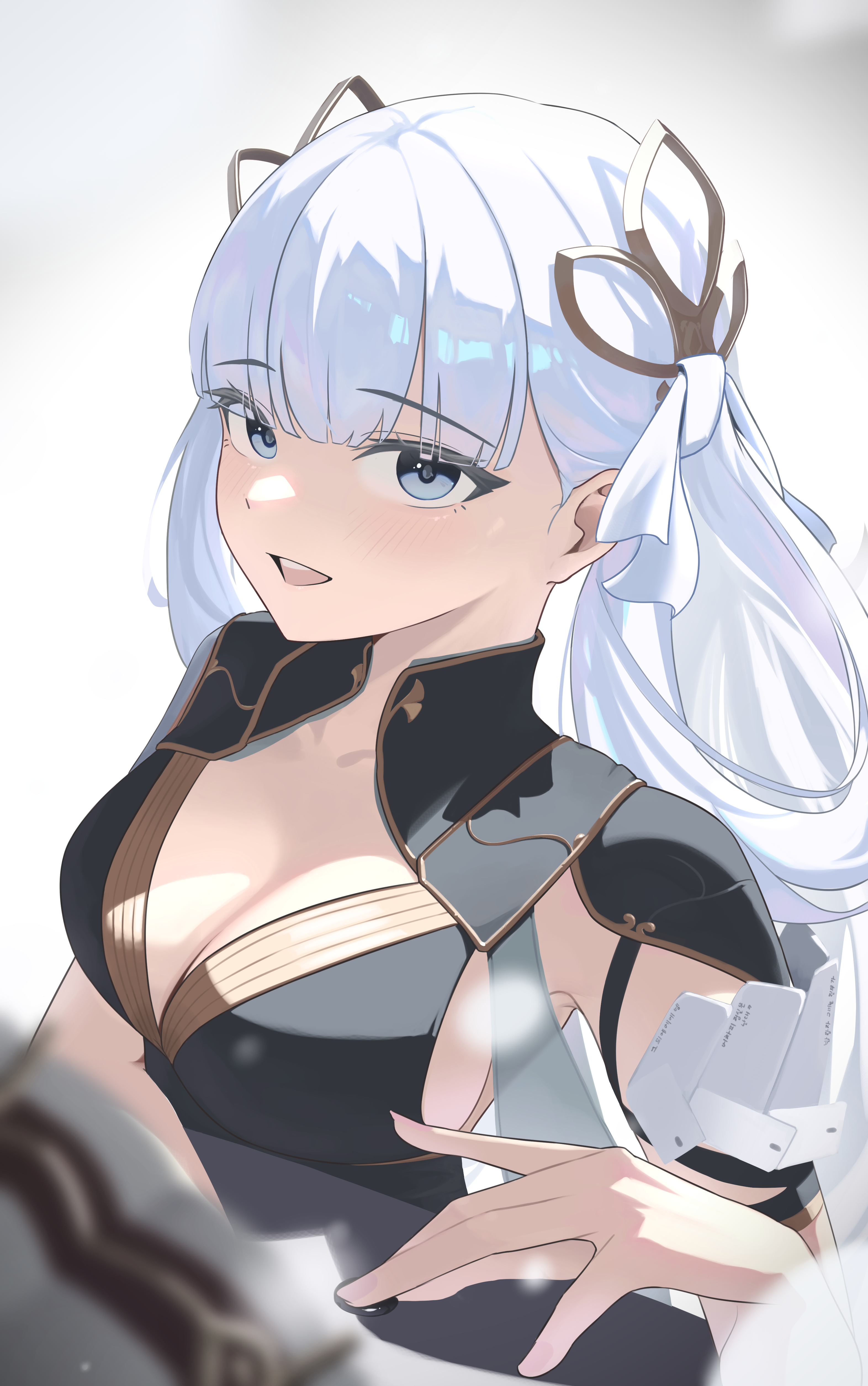 ryua (user kedz2257), jinhsi (wuthering waves), wuthering waves, absurdres, commentary, highres, black collar, blurry, blurry background, blurry foreground, bow, breasts, cleavage, collar, collarbone, depth of field, earrings, fingernails, hair bow, hair rings, jewelry, light blush, long hair, looking at viewer, medium breasts, mole, mole on cheek, open mouth, smile, upper body, white bow, white eyes, white hair