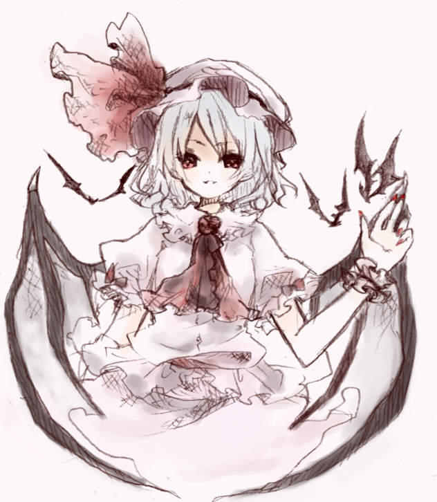 shiina aya, remilia scarlet, touhou, 1girl, bat (animal), female focus, hat, solo, white background, wings
