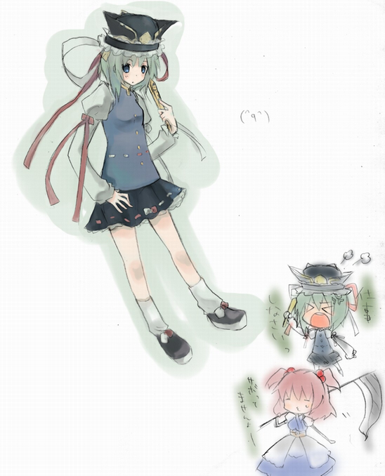 shiina aya, onozuka komachi, shiki eiki, touhou, > <, (-3-), 2girls, blue eyes, chibi, closed eyes, female focus, full body, green hair, multiple girls, multiple views, open mouth, rod of remorse, standing, sweatdrop, white background