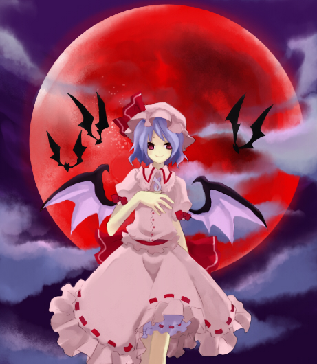 shiina aya, remilia scarlet, touhou, 1girl, bat (animal), bat wings, female focus, hat, moon, outdoors, red eyes, red moon, short hair, skirt, sky, solo, wings