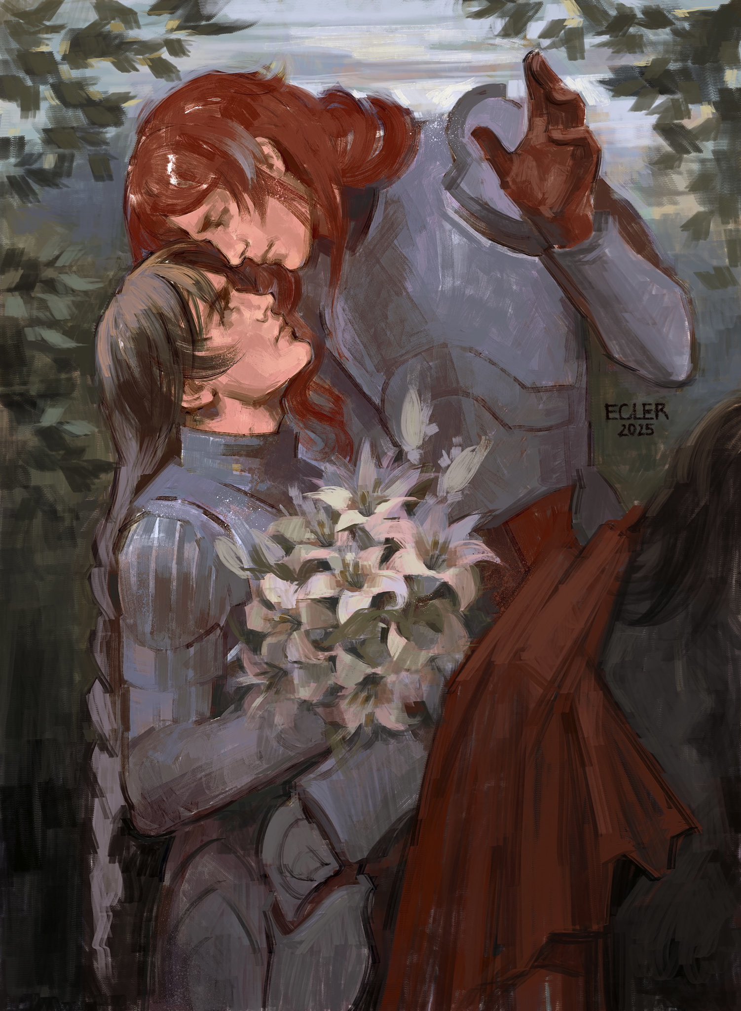 ecler ecler, argenti (honkai: star rail), boothill (honkai: star rail), honkai: star rail, honkai (series), white lily, highres, 2boys, armor, blonde hair, bouquet, braid, bush, cape, feet out of frame, flower, gloves, hand up, holding, holding bouquet, horseback riding, long hair, looking at another, male focus, multiple boys, outdoors, red cape, red gloves, red hair, riding, very long hair, yaoi