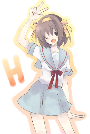 shiina aya, suzumiya haruhi, suzumiya haruhi no yuuutsu, 00s, ribbon, school uniform, serafuku, solo, v