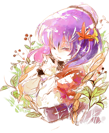 cis (carcharias), yasaka kanako, touhou, 1girl, autumn leaves, dress, female focus, hair ornament, leaf, leaf hair ornament, long sleeves, purple hair, red dress, red eyes, short hair, simple background, solo, upper body, white background