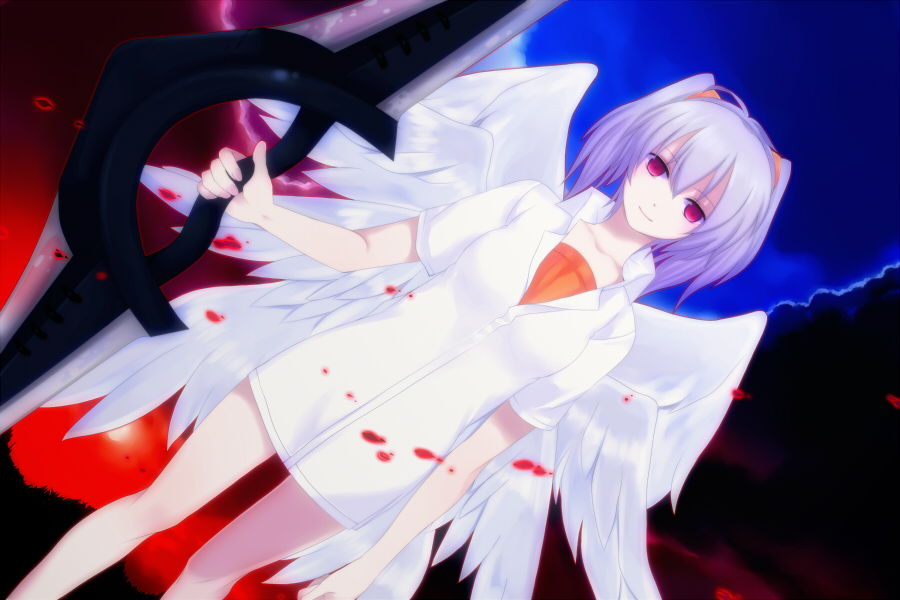 harano, angel (evangelion), nagisa kaworu, tabris-xx, neon genesis evangelion, 1girl, blood, blue hair, double blade, dress, female focus, genderswap, genderswap (mtf), lcl, multiple wings, red eyes, smile, solo, sword, twintails, weapon, white hair, wings