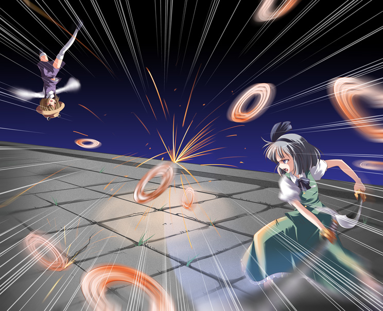 subaru noji, konpaku youmu, moriya suwako, touhou, 2girls, battle, danmaku, female focus, moriya's iron rings, motion blur, multiple girls