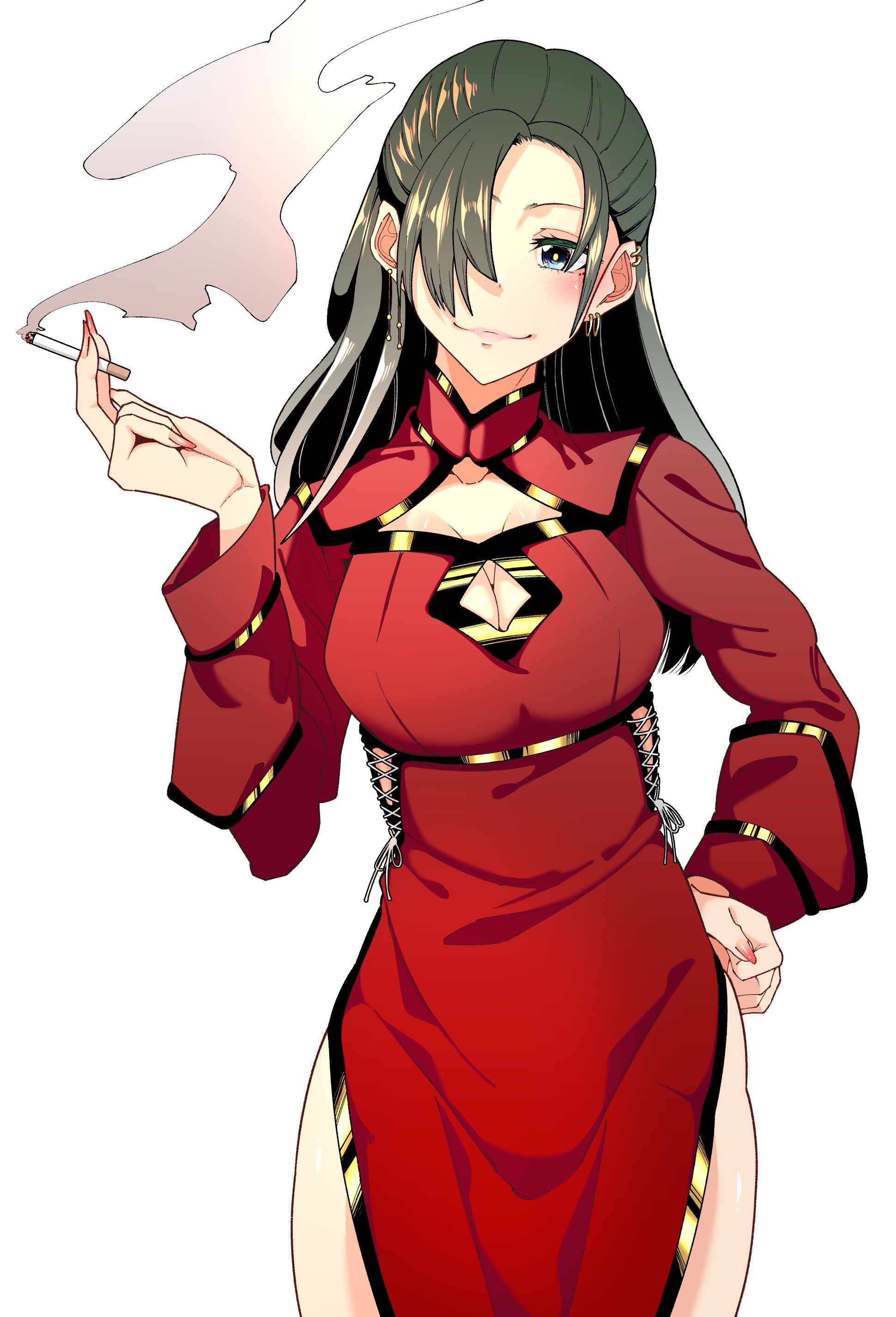 zonberu tsukiji, original, absurdres, commentary request, highres, 1girl, blue eyes, breasts, cigarette, cleavage, cleavage cutout, clothing cutout, dress, ear piercing, earrings, fingernails, green hair, hair over one eye, hand on own hip, holding, holding cigarette, jewelry, large breasts, long fingernails, multiple earrings, piercing, red dress, red nails, side slit, smoke, solo