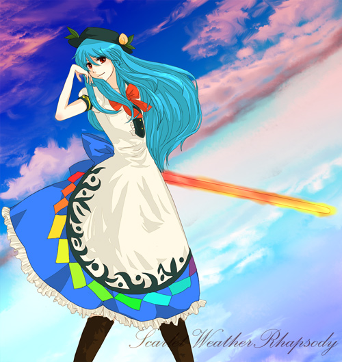 chiri (o9o9), hinanawi tenshi, touhou, 1girl, blue hair, cloud, female focus, food, fruit, hat, peach, solo, sword, sword of hisou, weapon