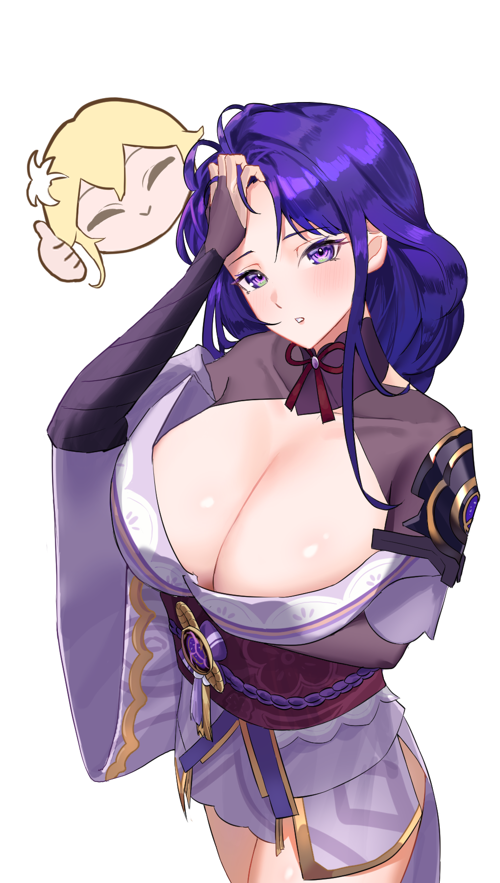 pechino, lumine (genshin impact), raiden shogun, genshin impact, commentary request, highres, 1girl, arm under breasts, breasts, bridal gauntlets, chibi, chibi inset, cleavage, cowboy shot, hand in own hair, japanese clothes, kimono, large breasts, looking at viewer, obi, parted lips, purple eyes, purple hair, purple kimono, purple shrug, red sash, sash, short kimono, shrug (clothing), simple background, solo focus, thumbs up, white background