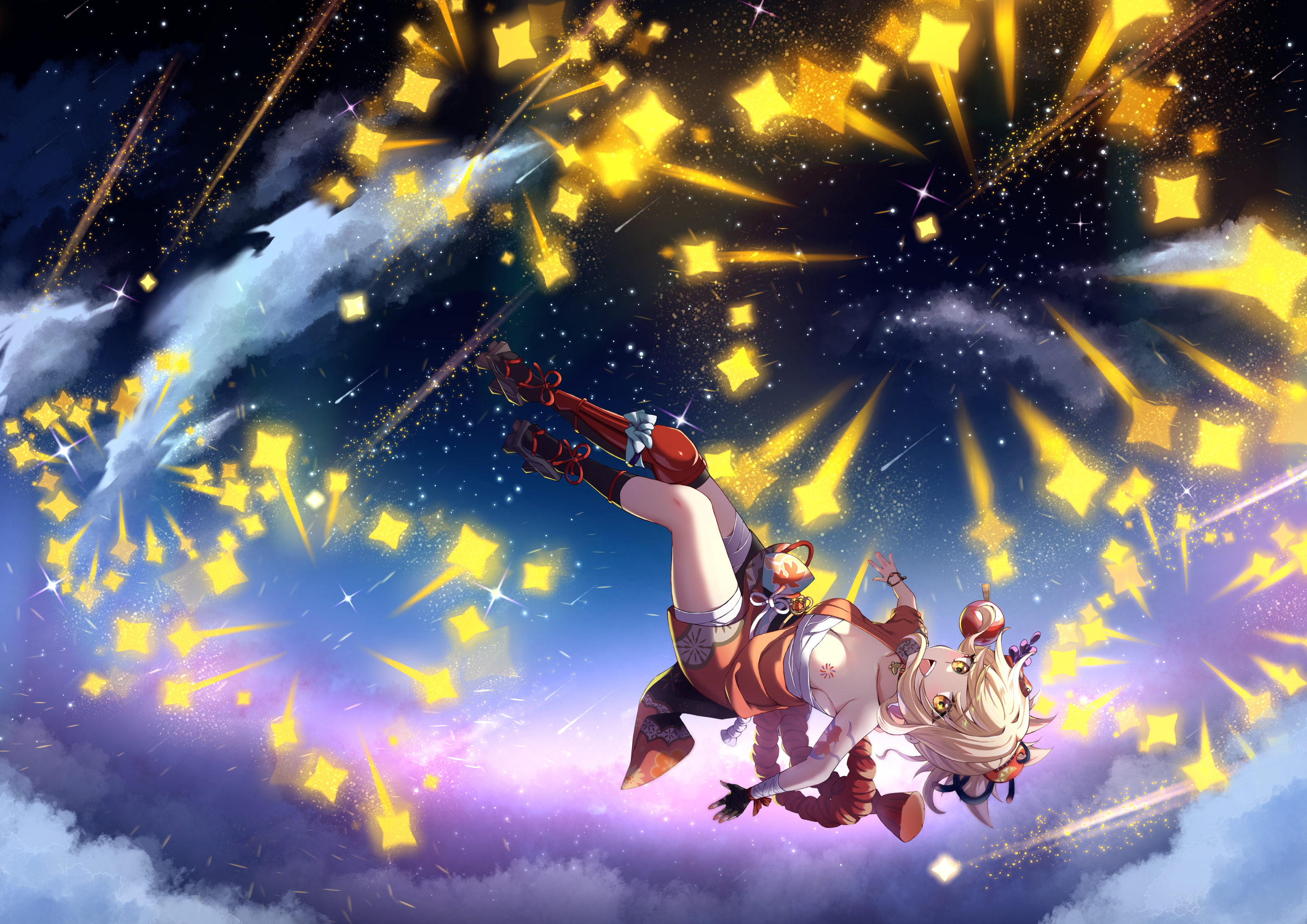 wanatsu 15, yoimiya (genshin impact), genshin impact, absurdres, highres, 1girl, arm tattoo, bandaged arm, bandaged leg, bandages, blonde hair, breasts, chest sarashi, chest tattoo, choker, cleavage, fireworks, flower tattoo, geta, hadanugi dousa, hair ornament, japanese clothes, kimono, looking at viewer, midair, open kimono, open mouth, orange kimono, ponytail, red choker, rope, sarashi, shimenawa, shooting star, sky, smile, solo, tattoo, yellow eyes