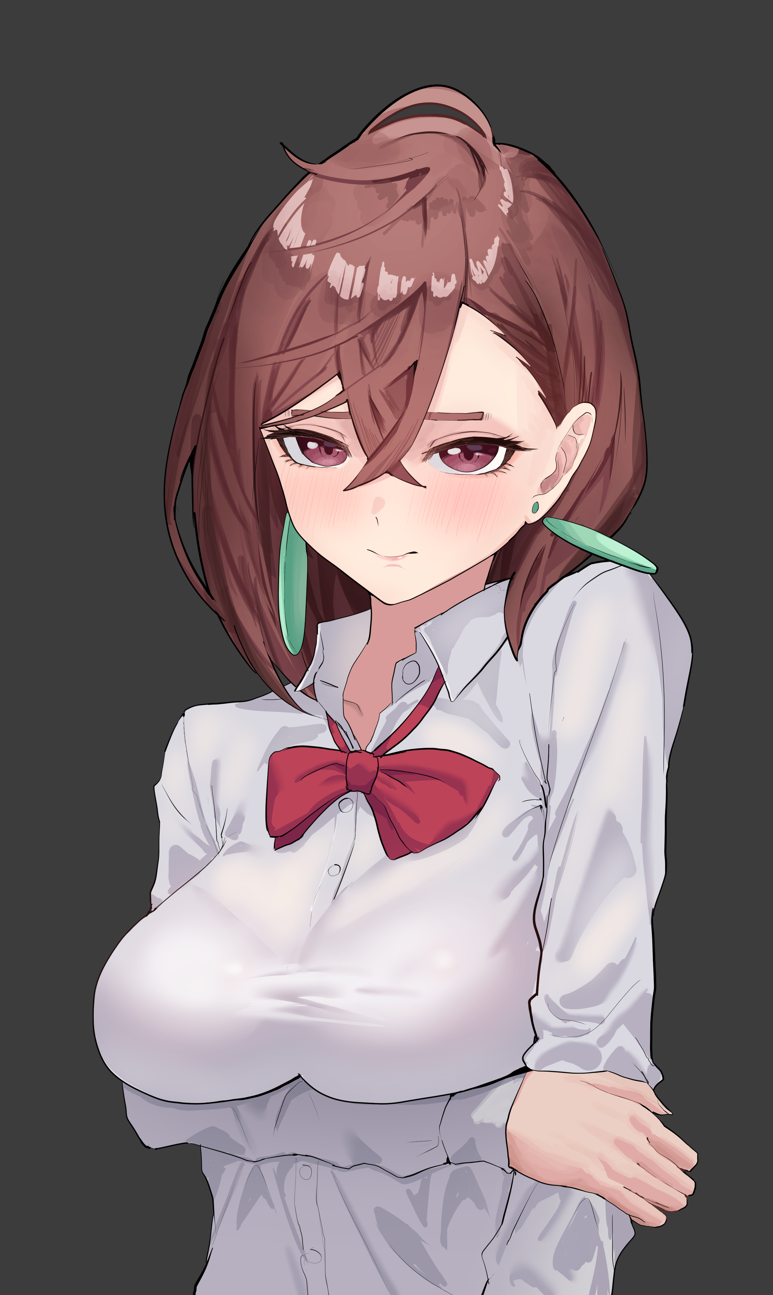pechino, ayase momo, dandadan, absurdres, commentary request, highres, 1girl, arm under breasts, bow, bowtie, breasts, brown eyes, brown hair, closed mouth, collared shirt, earrings, grey background, hair between eyes, jewelry, large breasts, long sleeves, red bow, red bowtie, school uniform, shirt, short hair, simple background, solo, upper body, white shirt