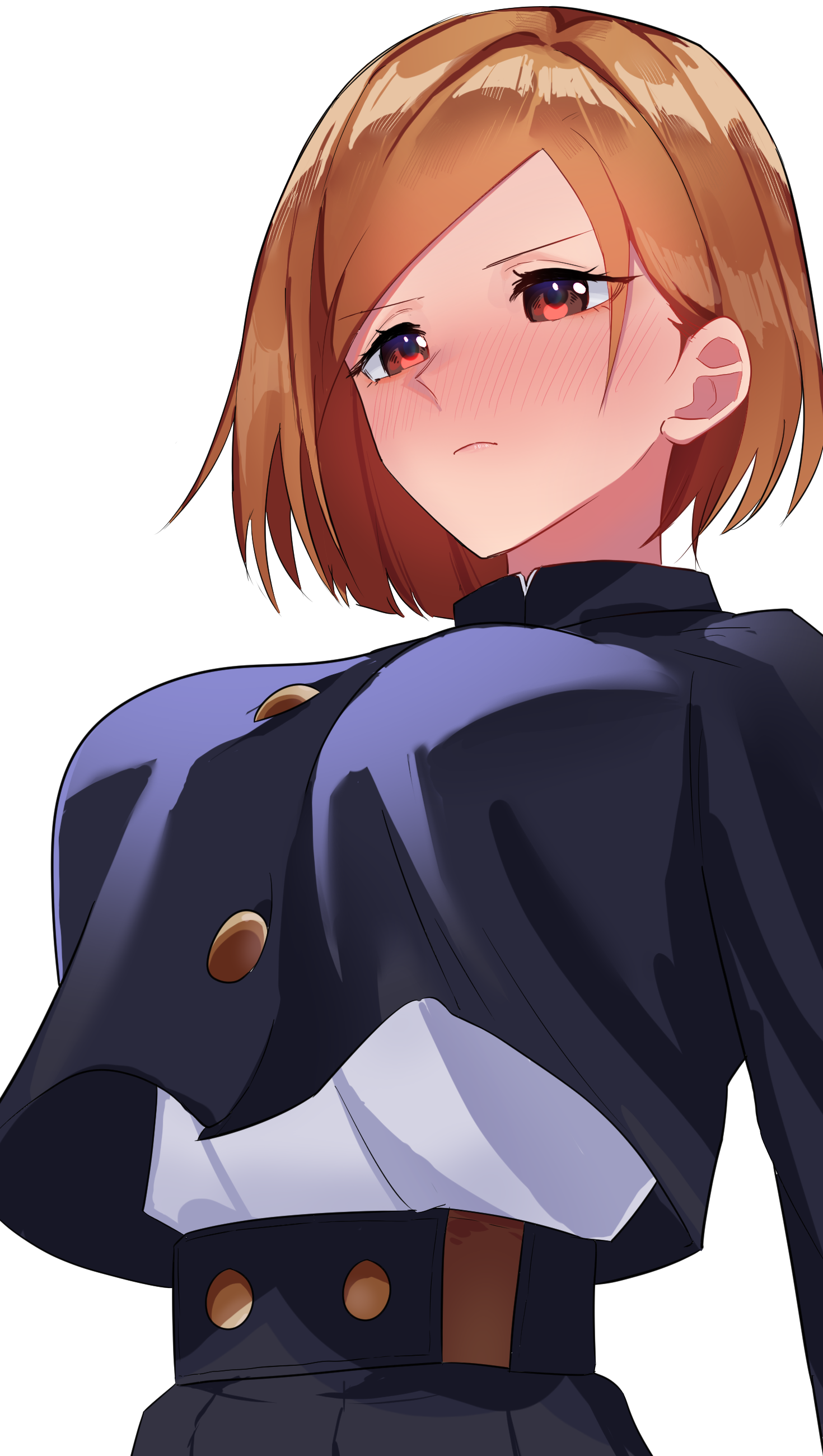 pechino, kugisaki nobara, jujutsu kaisen, absurdres, commentary request, highres, 1girl, black jacket, black skirt, blush, breasts, brown hair, closed mouth, high-waist skirt, jacket, jujutsu tech uniform, large breasts, red eyes, shirt, shirt overhang, short hair, simple background, skirt, solo, transparent background, undershirt, upper body, white shirt