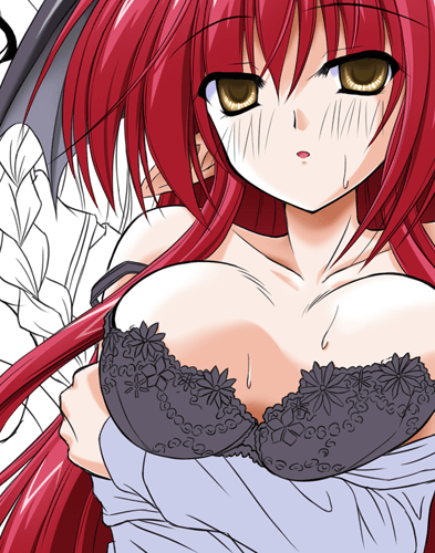 yamu (reverse noise), koakuma, embodiment of scarlet devil, touhou, lowres, 1girl, bra, breasts, female focus, lingerie, partially colored, solo, underwear, upper body