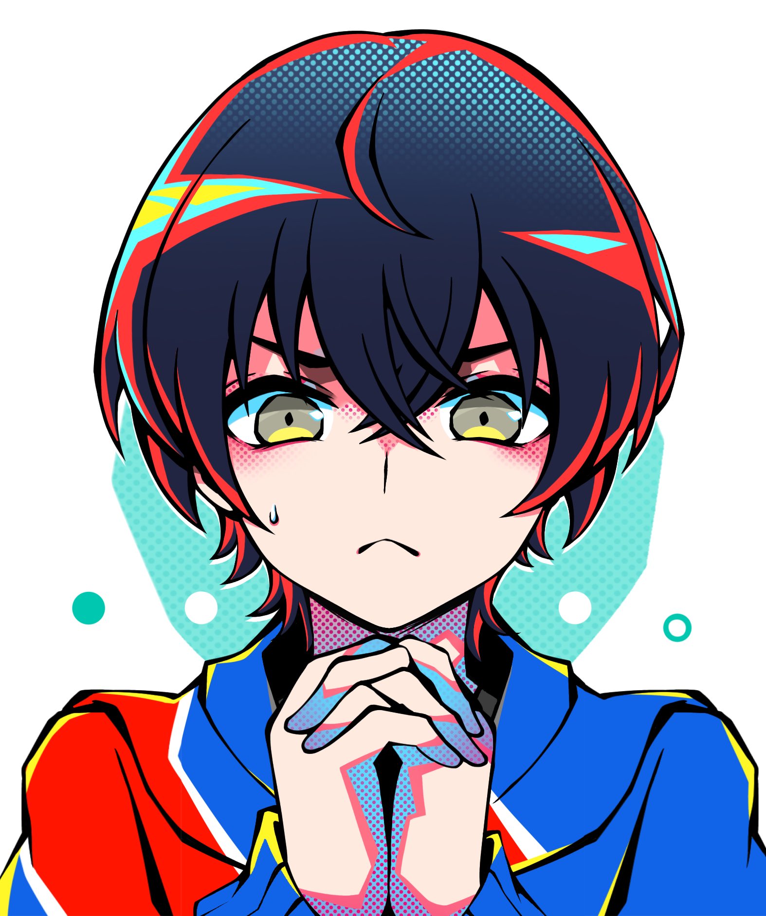 commentary, highres, 1girl, black hair, black shirt, hair between eyes, hands up, interlocked fingers, jacket, looking at viewer, moru m moru, own hands clasped, own hands together, portrait, rei shimobe, reverse trap, shirt, short hair, shuten order, solo, straight-on, sweat, yellow eyes
