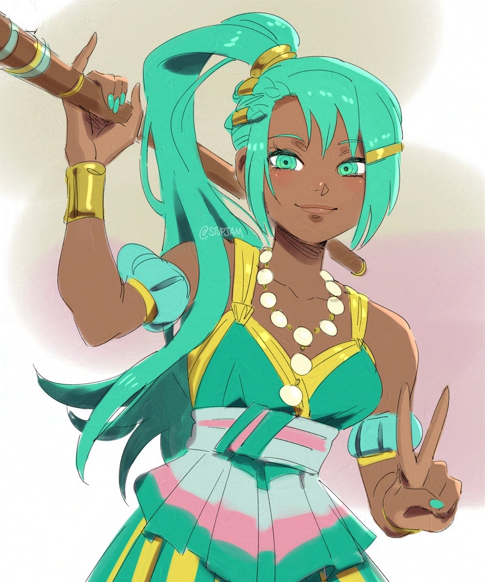 stup-jam, fire emblem, fire emblem: fortune's weave, nintendo, character request, highres, 1girl, bare shoulders, bracelet, dark-skinned female, dark skin, green eyes, green hair, green nails, high ponytail, holding, holding polearm, holding weapon, jewelry, nail polish, necklace, polearm, ponytail, v, weapon