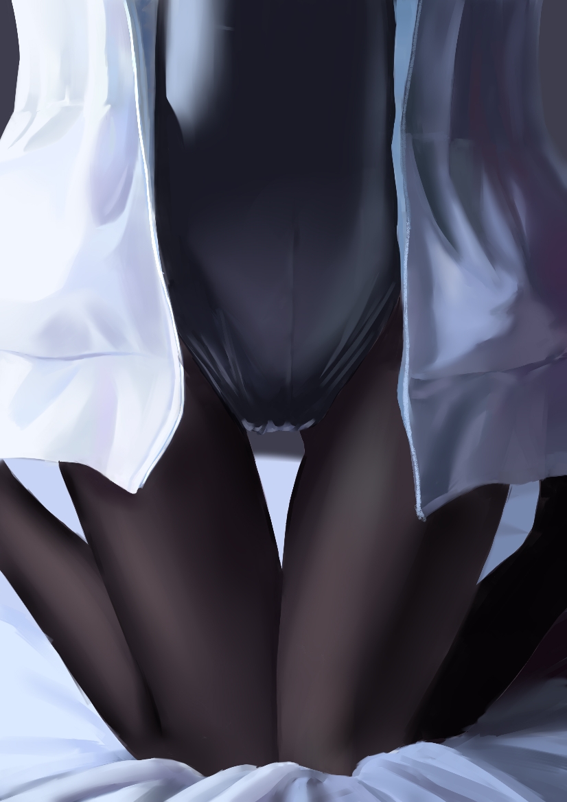 xinmo sana, original, 1girl, black one-piece swimsuit, black pantyhose, close-up, jacket, kneeling, lower body, on bed, one-piece swimsuit, pantyhose, pantyhose under swimsuit, solo, swimsuit, white jacket