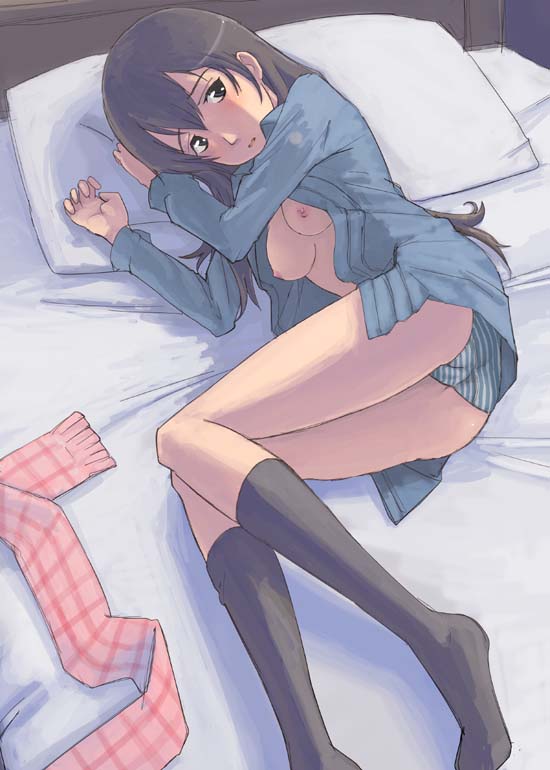 kuroyagi, yuasa hiromi, true tears, 00s, 1girl, ass, bed, breasts, brown eyes, brown hair, female focus, kneehighs, long hair, long legs, lying, medium breasts, nipples, open clothes, open shirt, panties, pantyshot, shirt, socks, solo, striped clothes, striped panties, underwear