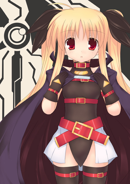 kanna ryouto, bardiche (nanoha), fate testarossa, fate testarossa (original form), lyrical nanoha, mahou shoujo lyrical nanoha, mahou shoujo lyrical nanoha a's, 00s, 1girl, blonde hair, cape, female focus, solo, thighhighs